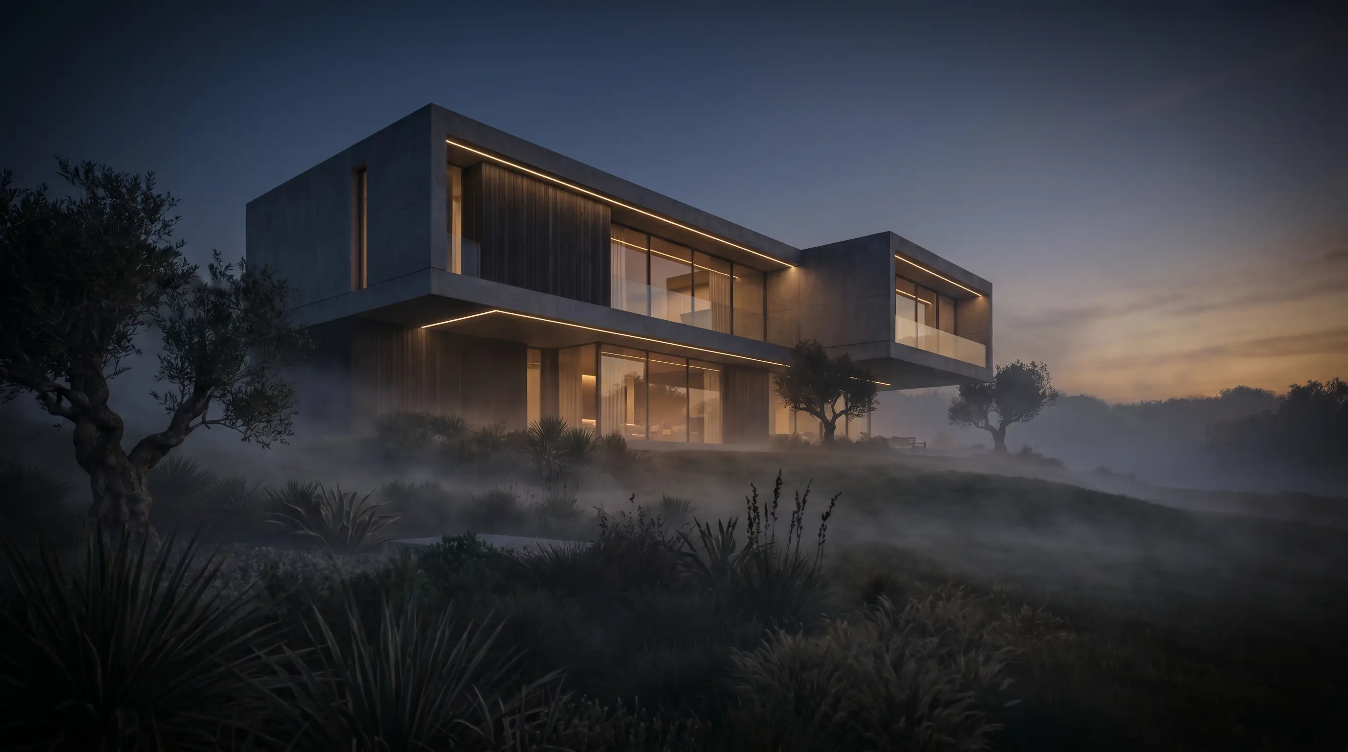 A concrete house at dusk, its windows lit, mist over the garden