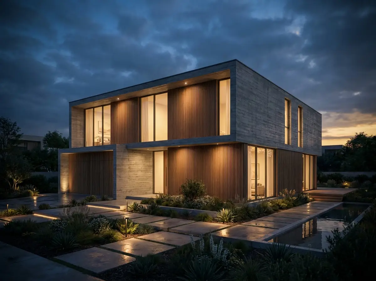 The same house rendered at evening