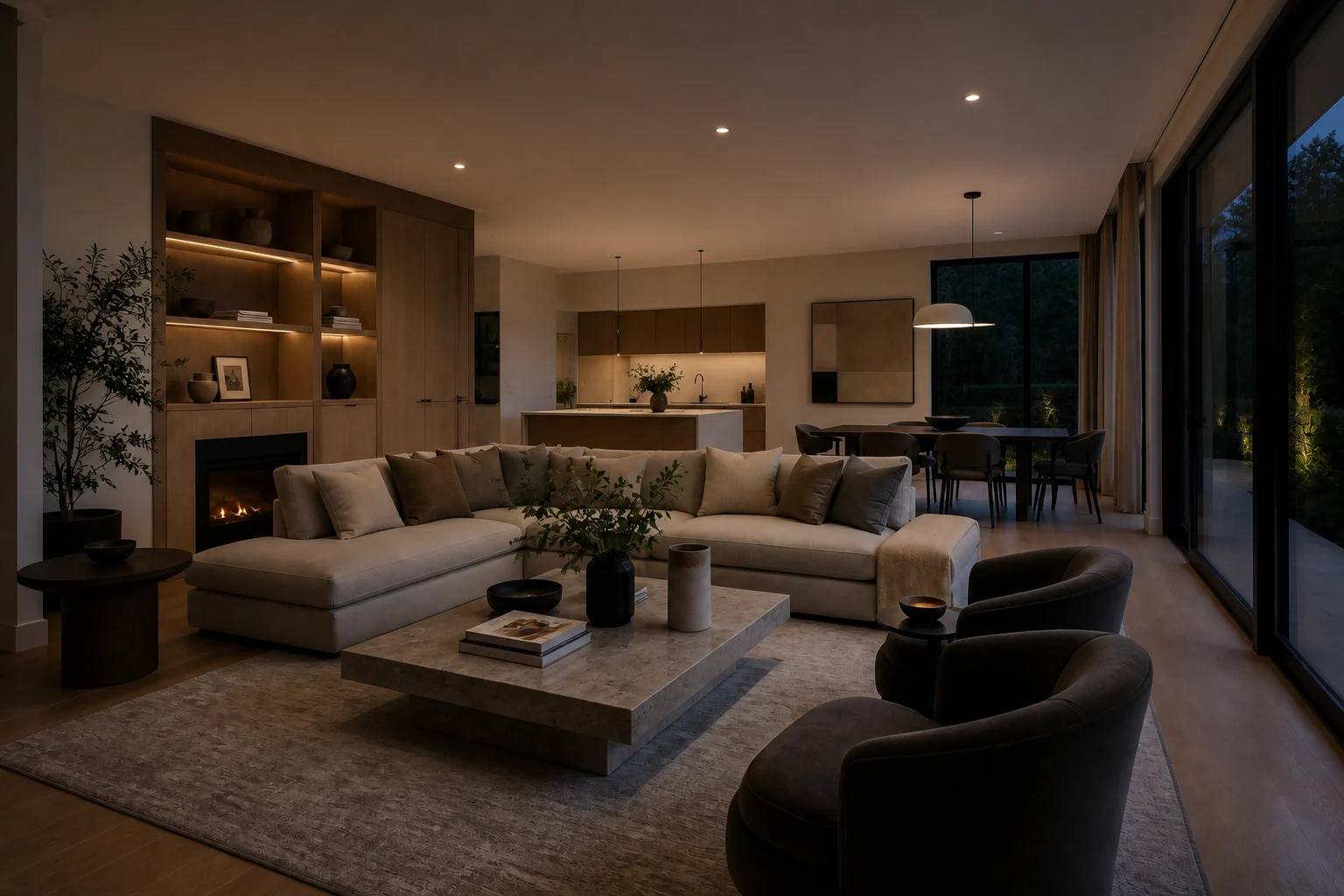 A living room rendered at night