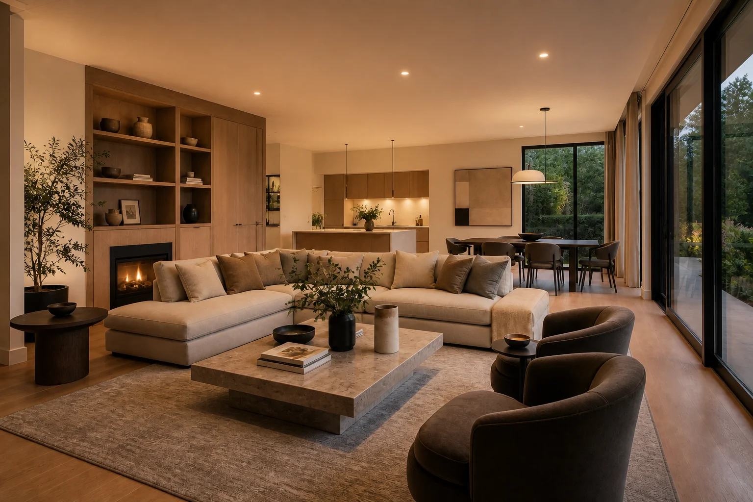 A living room rendered at warm