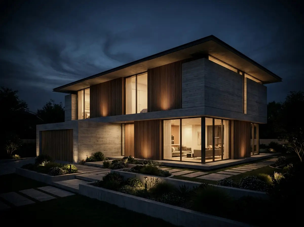 The same house rendered at night